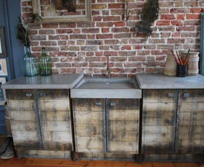 bespoke concrete kitchen sink and wooden unit