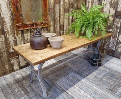 industrial coffee table cast iron base reclaimed timber bespoke furniture tables