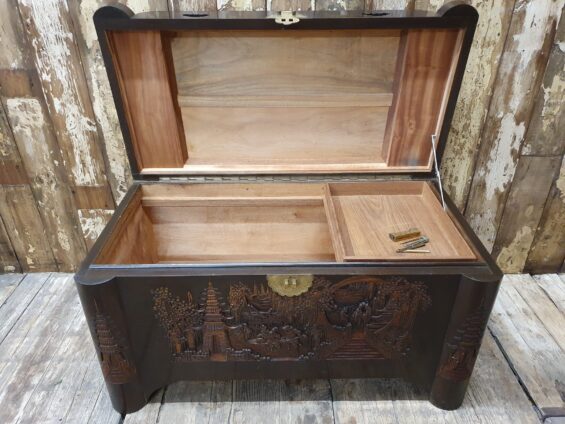 wooden carved brass trunk furniture storage table