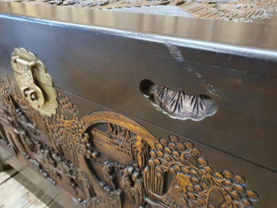 wooden carved brass trunk furniture storage table