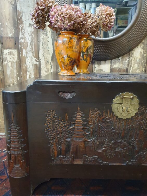 wooden carved brass trunk furniture storage table