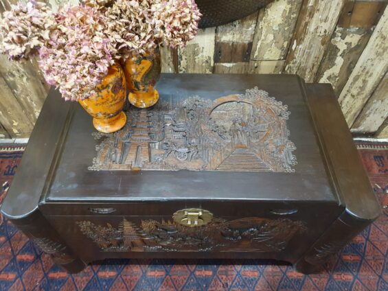 wooden carved brass trunk furniture storage table