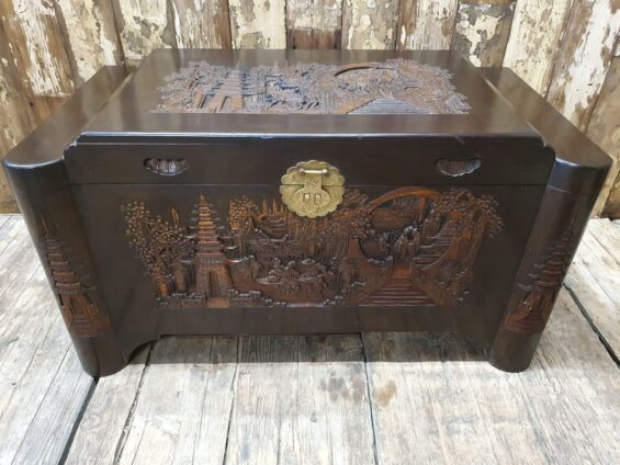 wooden carved brass trunk furniture storage table