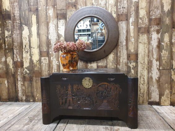 wooden carved brass trunk furniture storage table