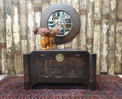 wooden carved brass trunk furniture storage table