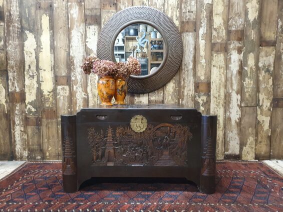 wooden carved brass trunk furniture storage table