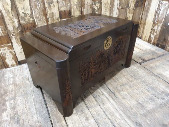 wooden carved brass trunk furniture storage table