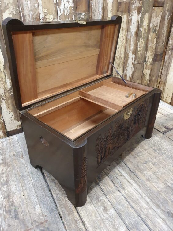 wooden carved brass trunk furniture storage table