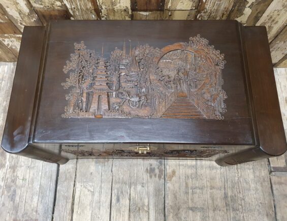 wooden carved brass trunk furniture storage table