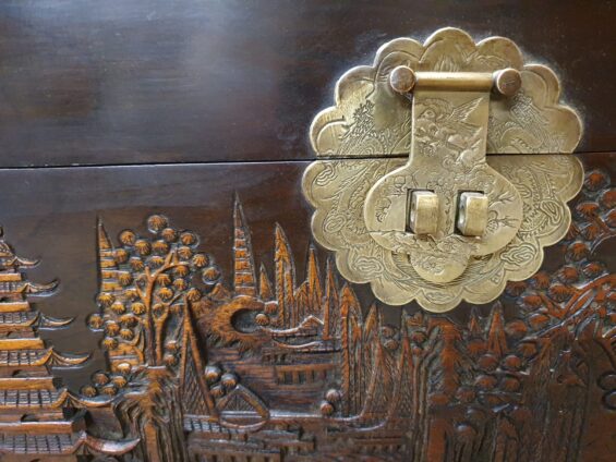 wooden carved brass trunk furniture storage table