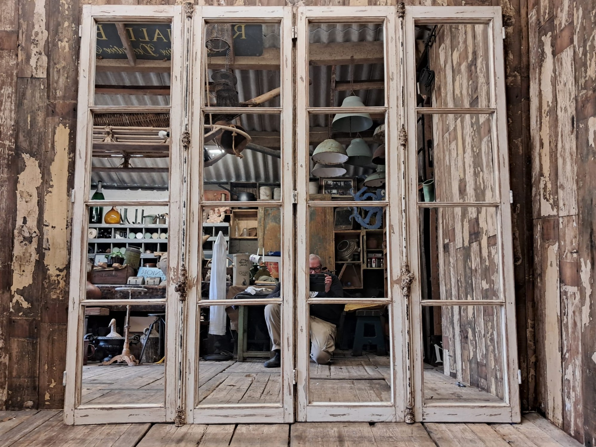 wooden french window mirror garden