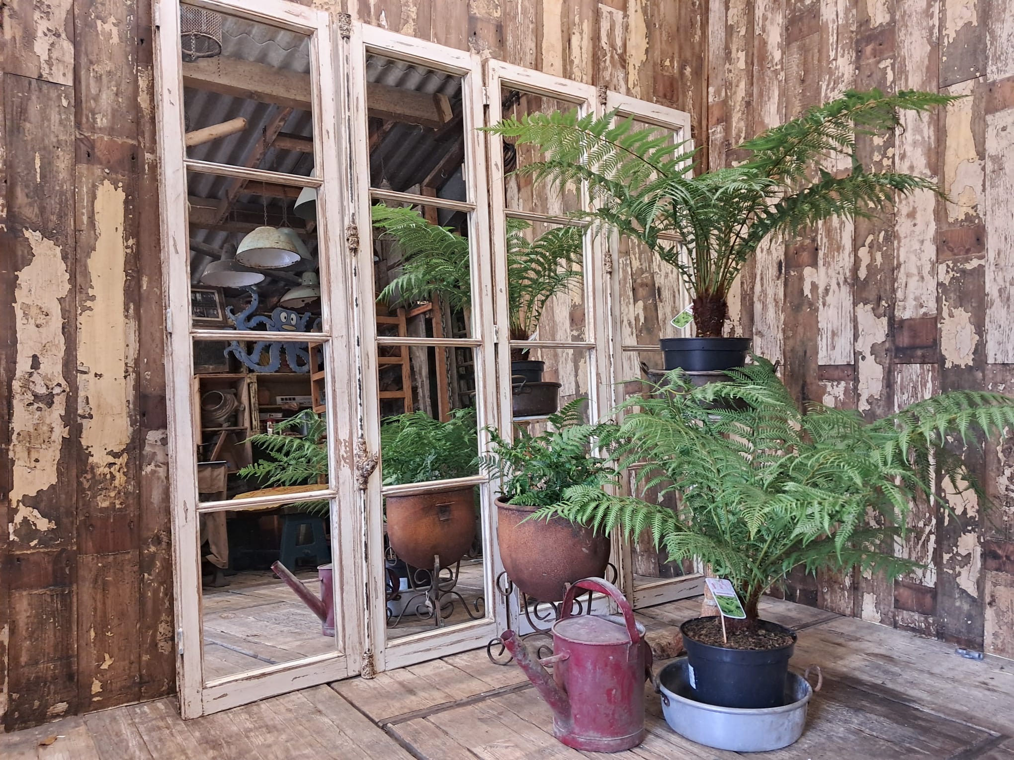 wooden french window mirror garden