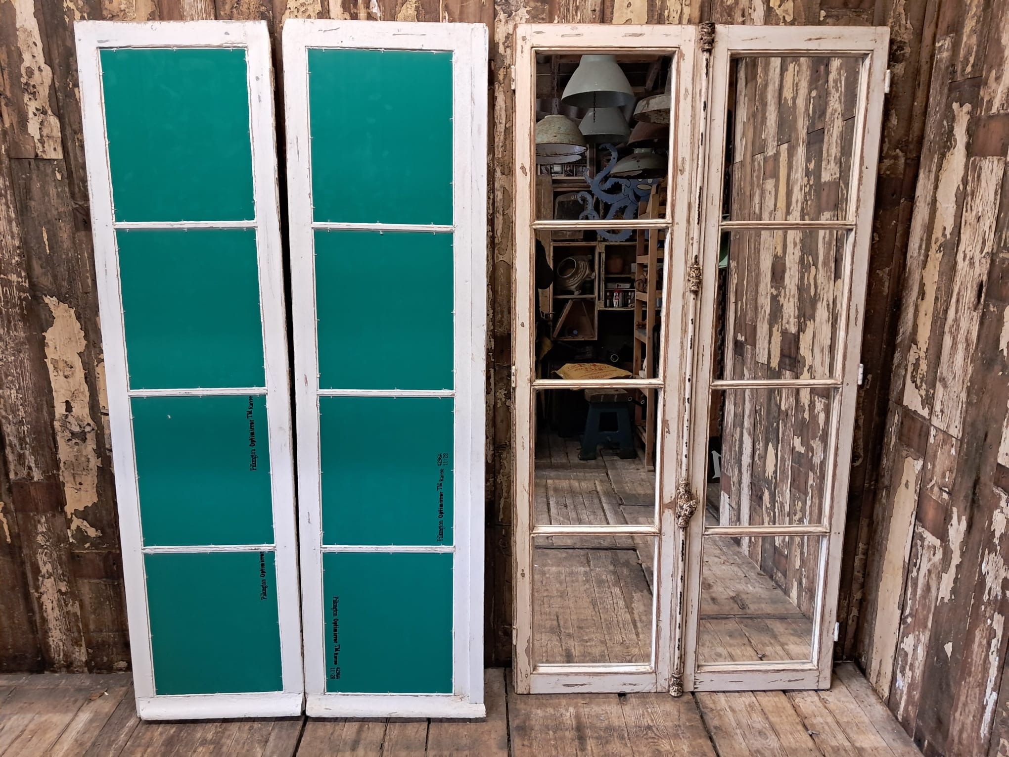 wooden french window mirror garden