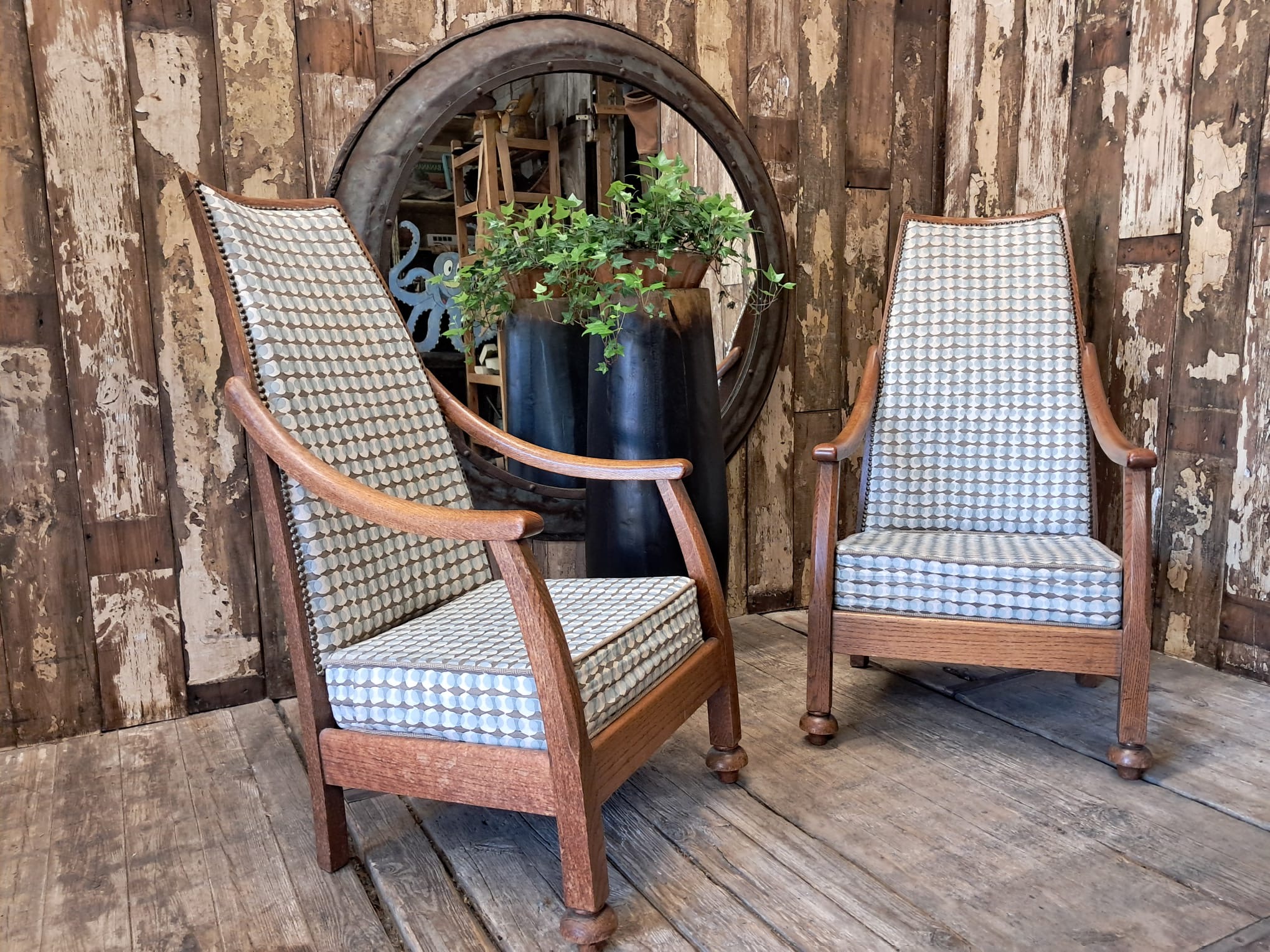 oak and upholstered armchairs seating