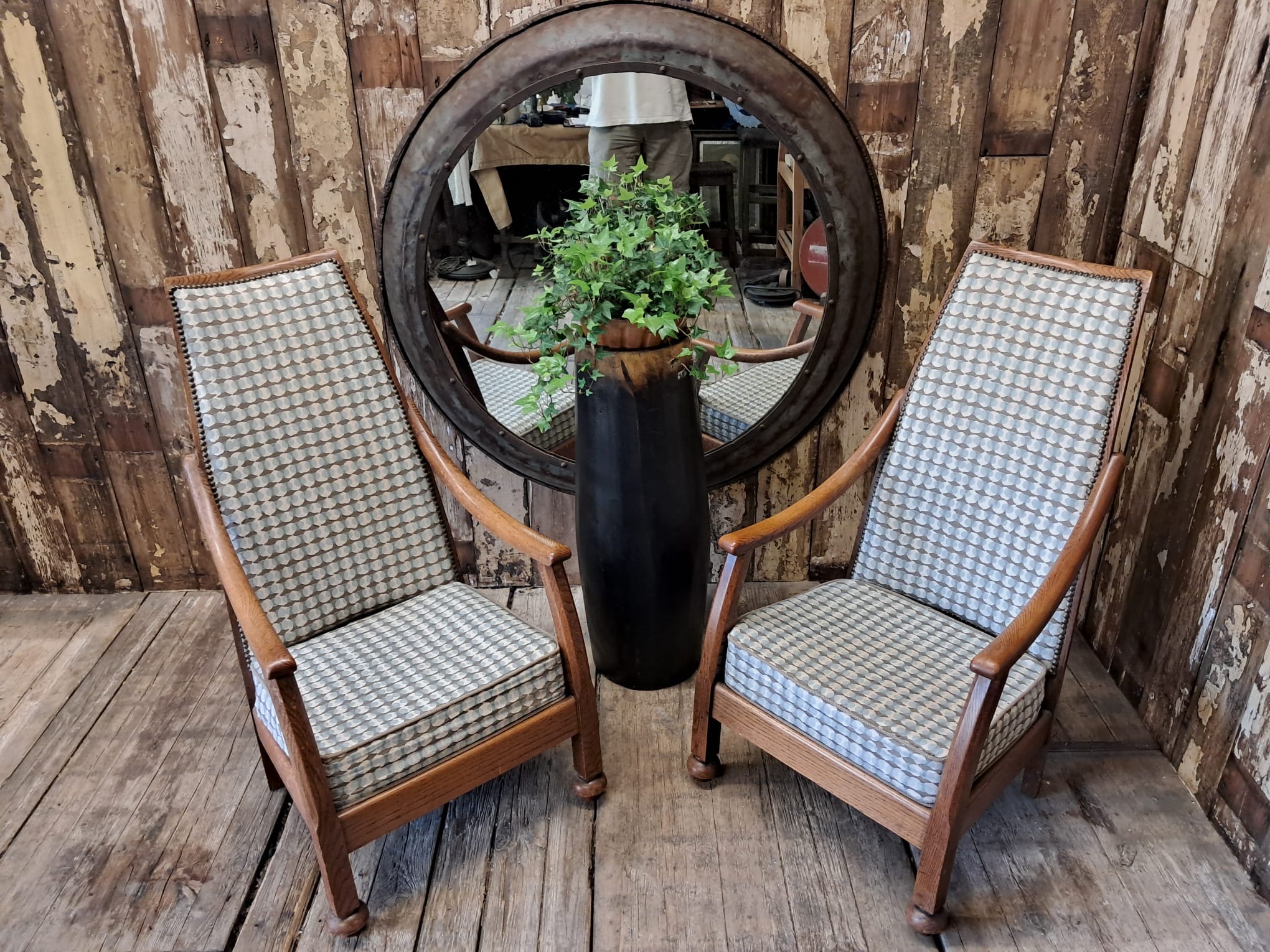 oak and upholstered armchairs seating
