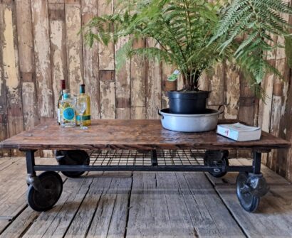 timber steel wheeled mill trolley furniture tables industrial