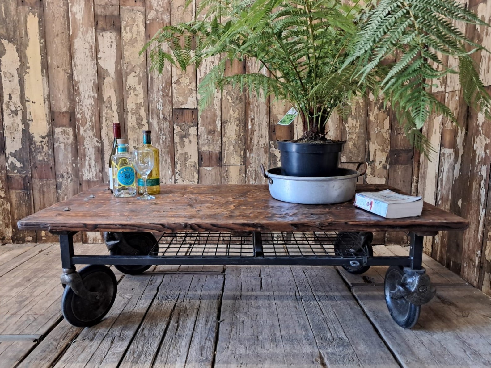timber steel wheeled mill trolley furniture tables industrial
