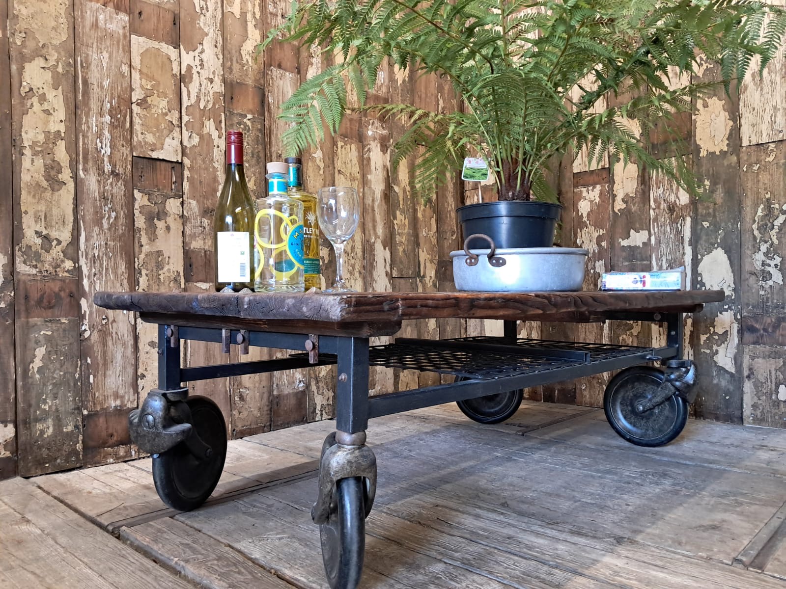 timber steel wheeled mill trolley furniture tables industrial