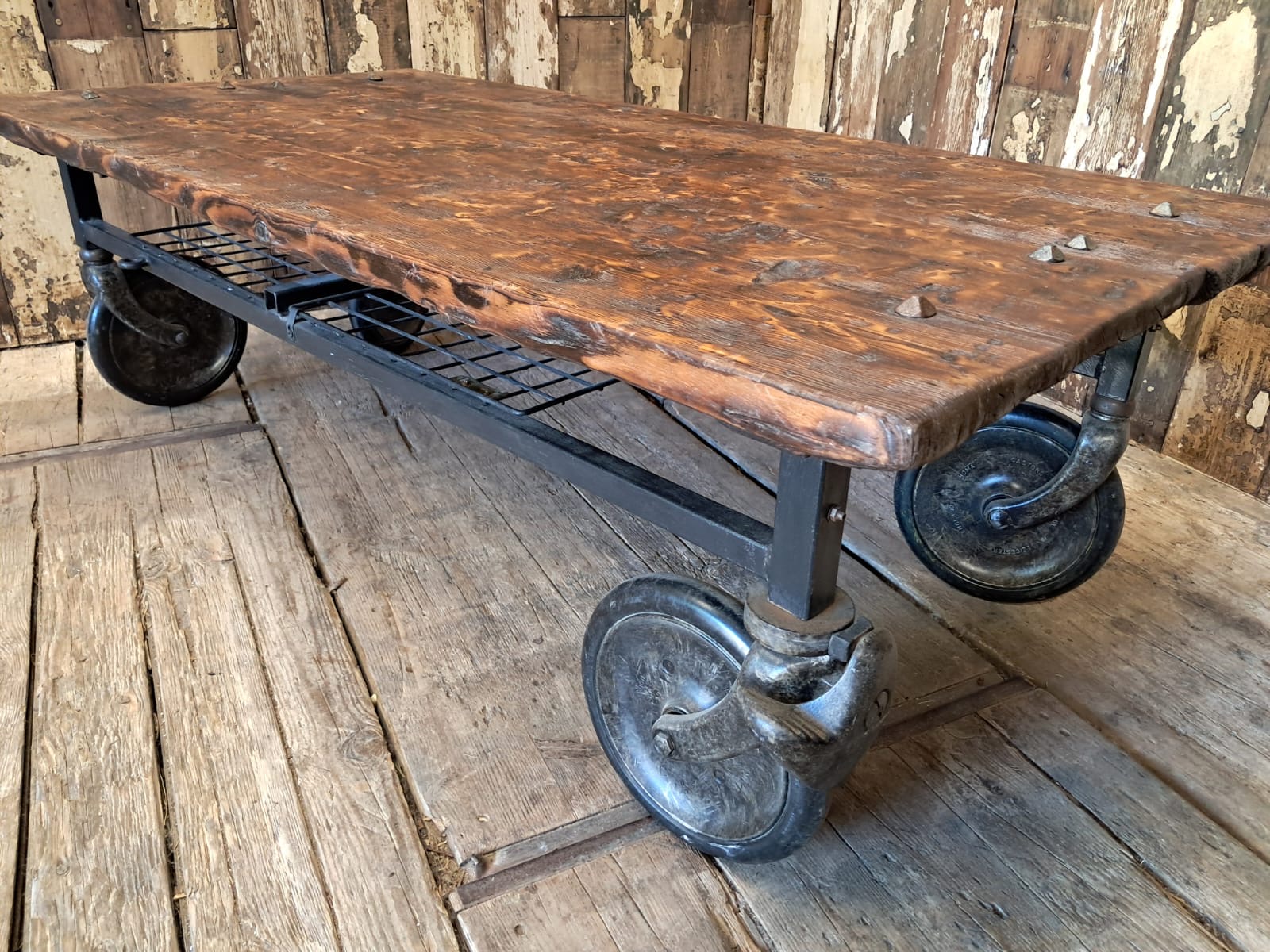 timber steel wheeled mill trolley furniture tables industrial