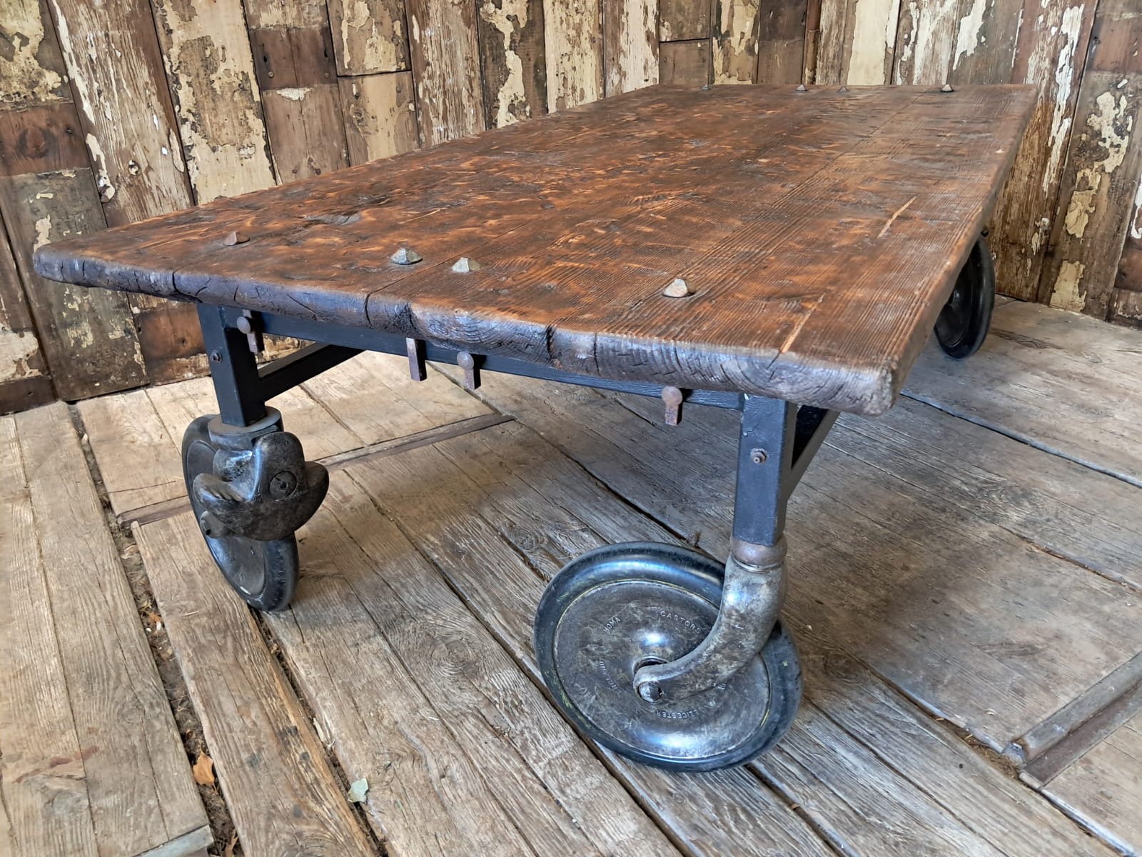 timber steel wheeled mill trolley furniture tables industrial