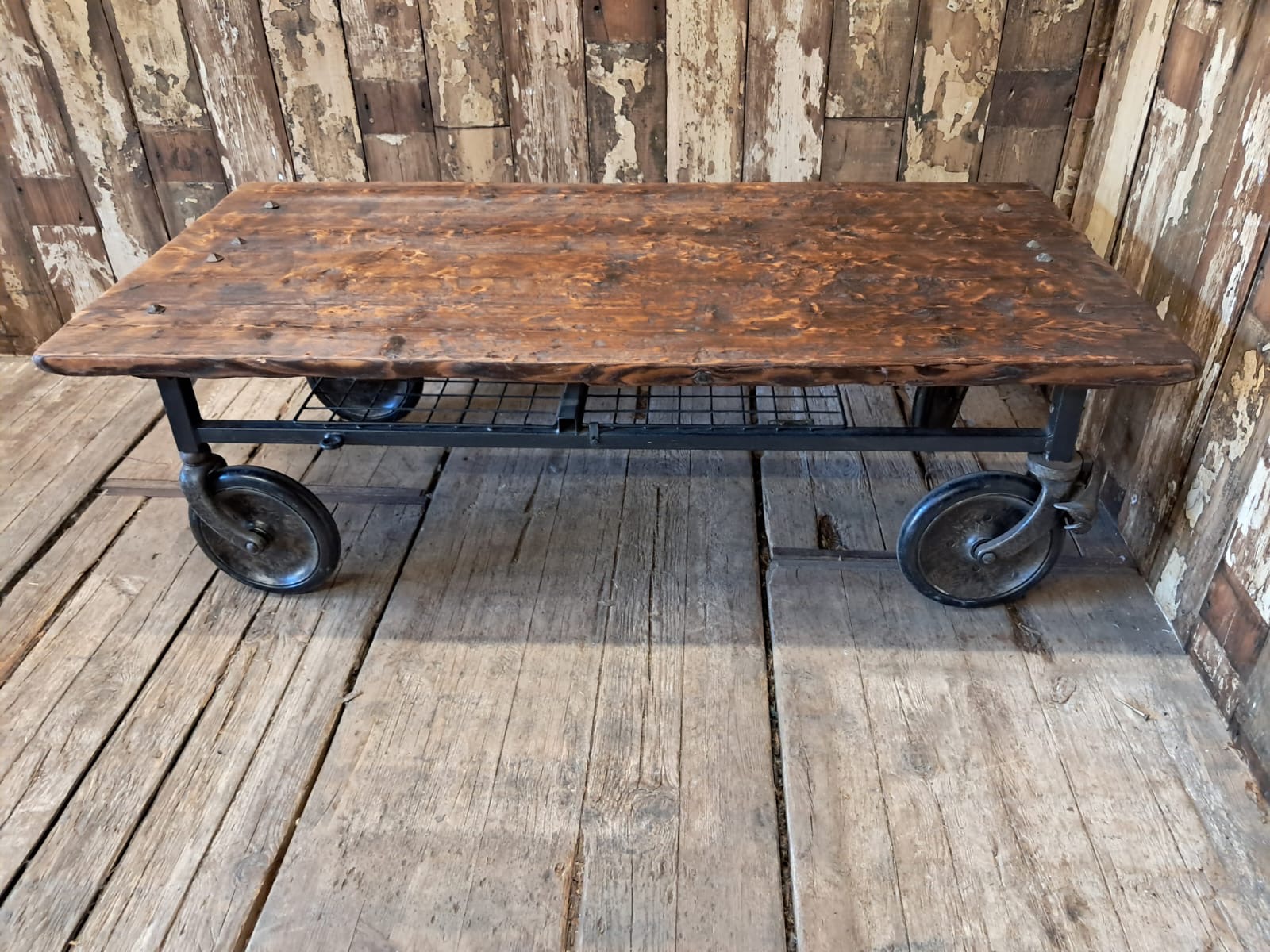 timber steel wheeled mill trolley furniture tables industrial