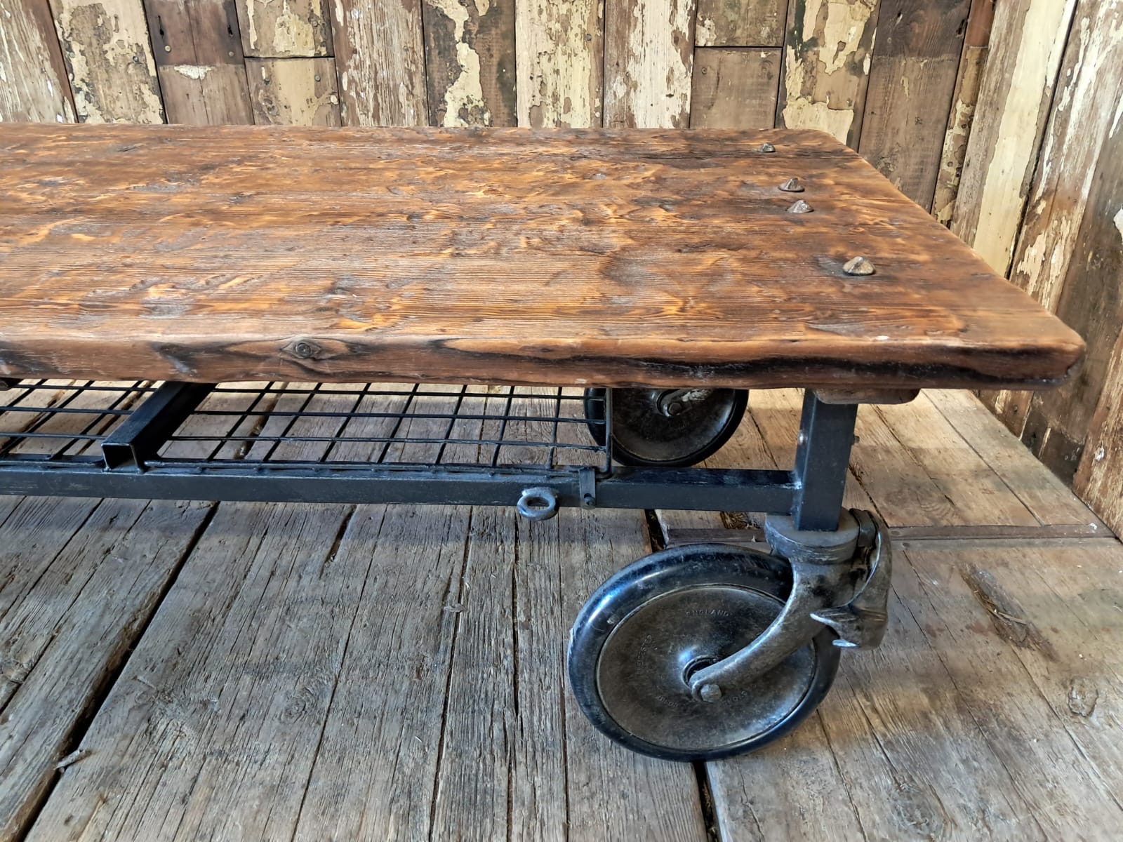 timber steel wheeled mill trolley furniture tables industrial