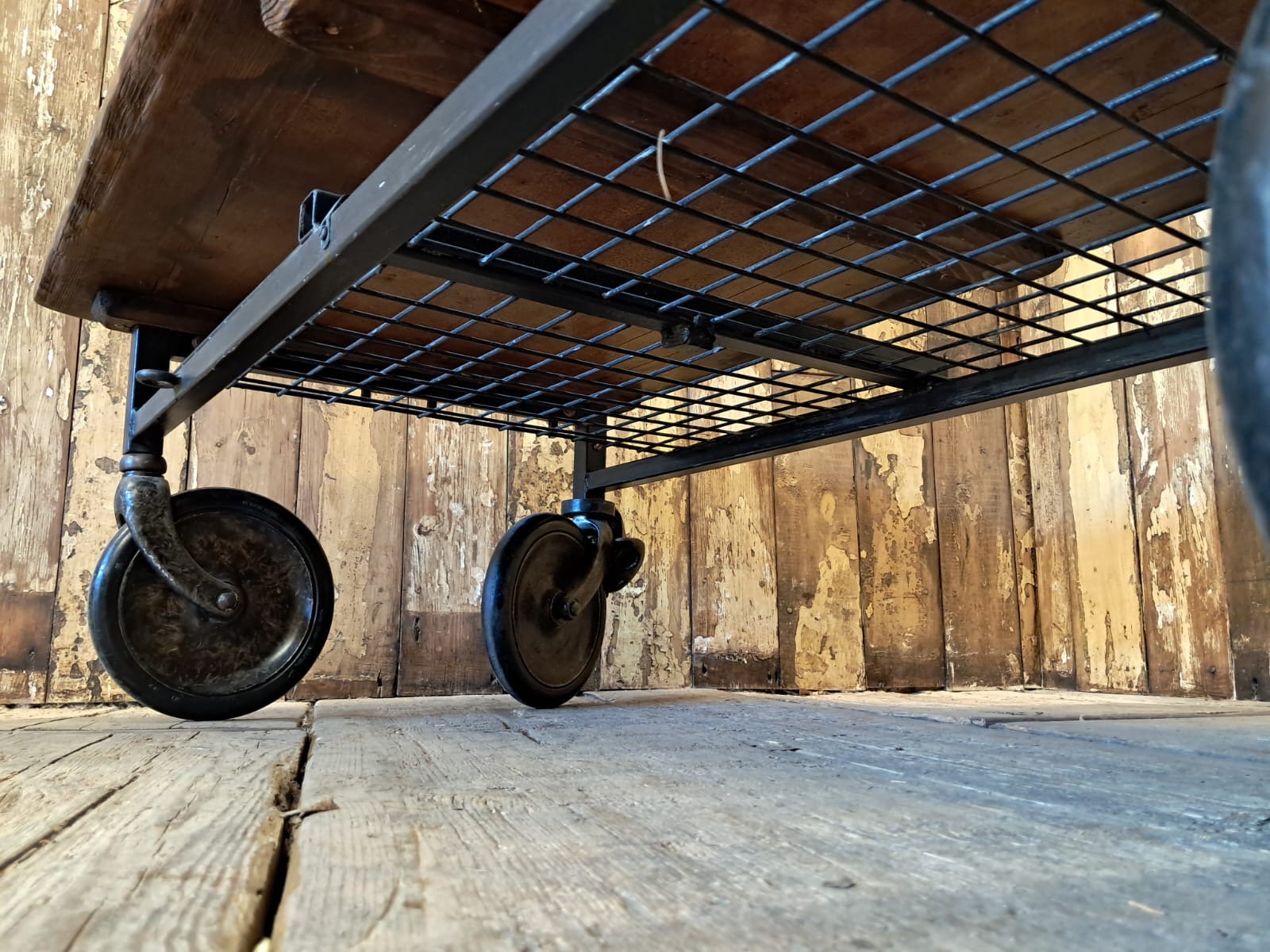 timber steel wheeled mill trolley furniture tables industrial