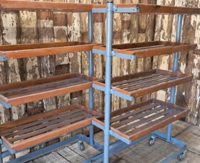 wood and metal shoemakers rack furniture storage industrial