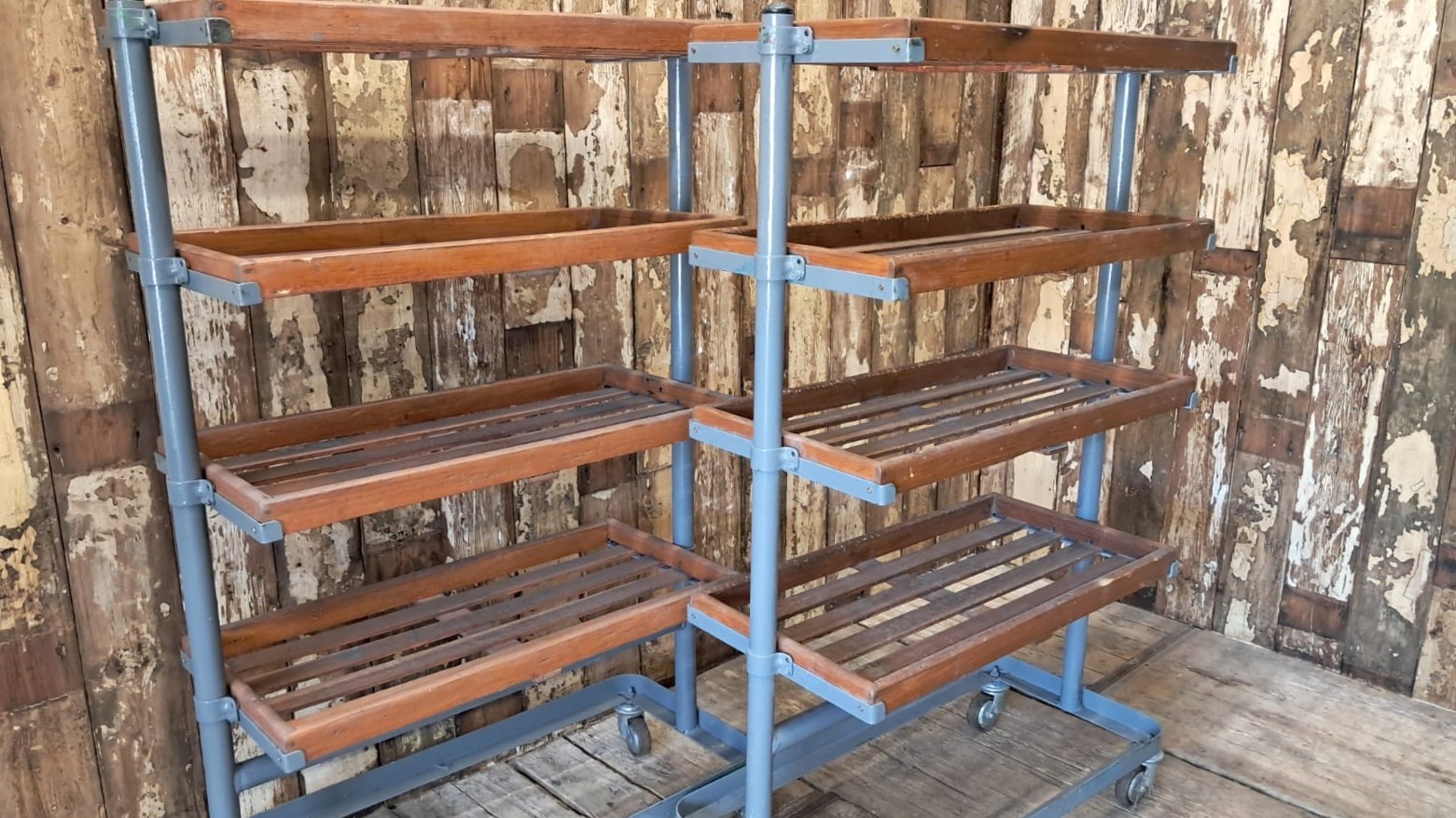 wood and metal shoemakers rack furniture storage industrial