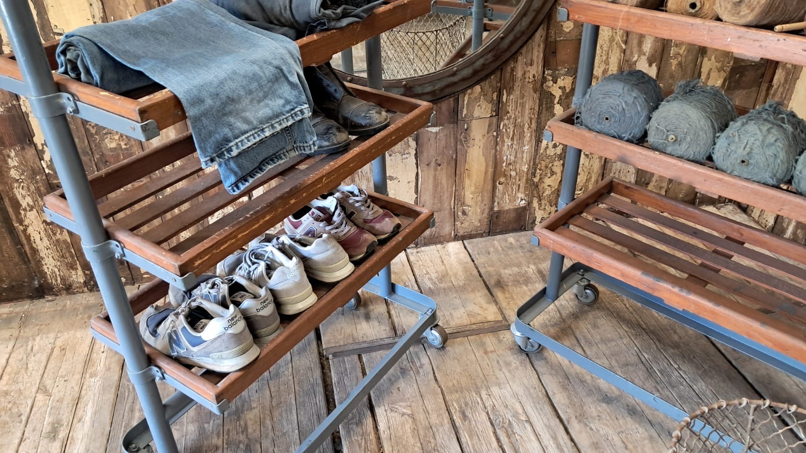 wood and metal shoemakers rack furniture storage industrial