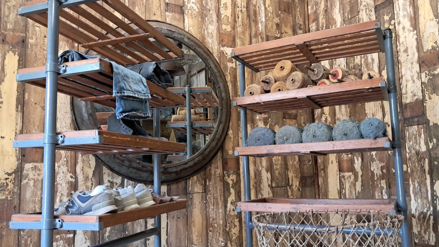 wood and metal shoemakers rack furniture storage industrial