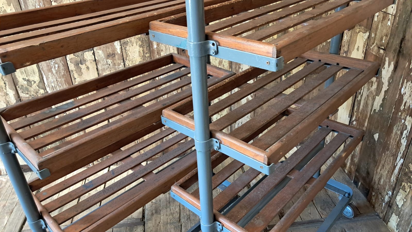 wood and metal shoemakers rack furniture storage industrial