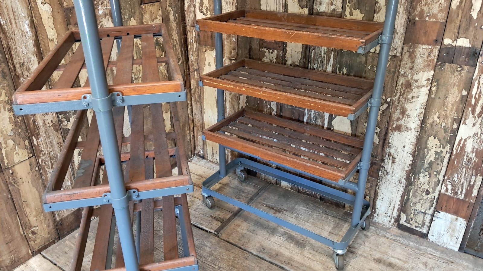 wood and metal shoemakers rack furniture storage industrial