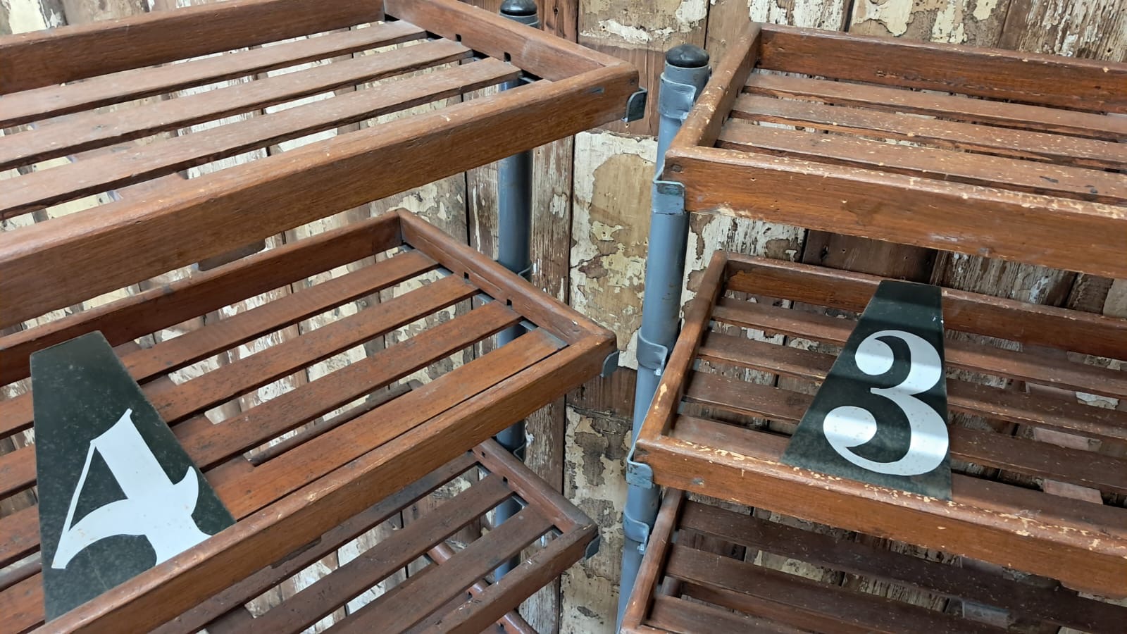 wood and metal shoemakers rack furniture storage industrial