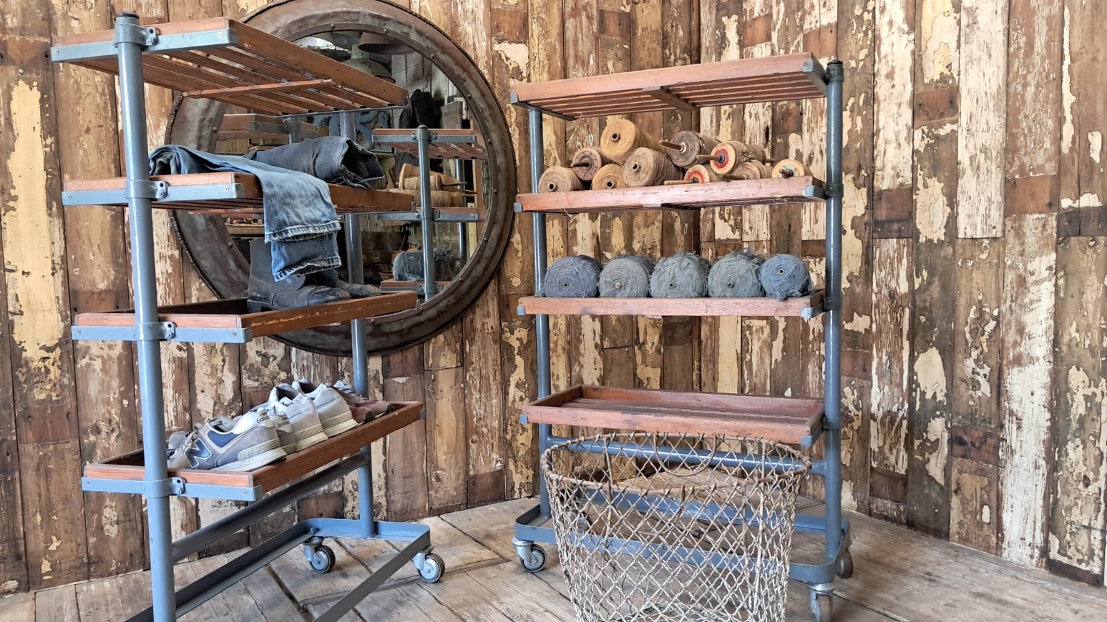 wood and metal shoemakers rack furniture storage industrial