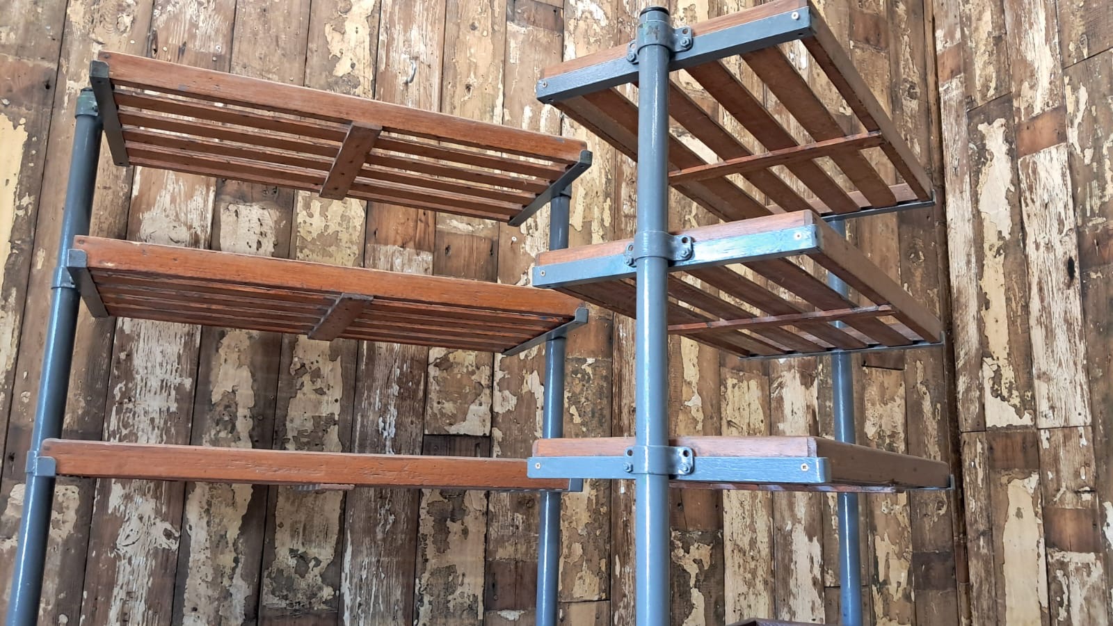 wood and metal shoemakers rack furniture storage industrial