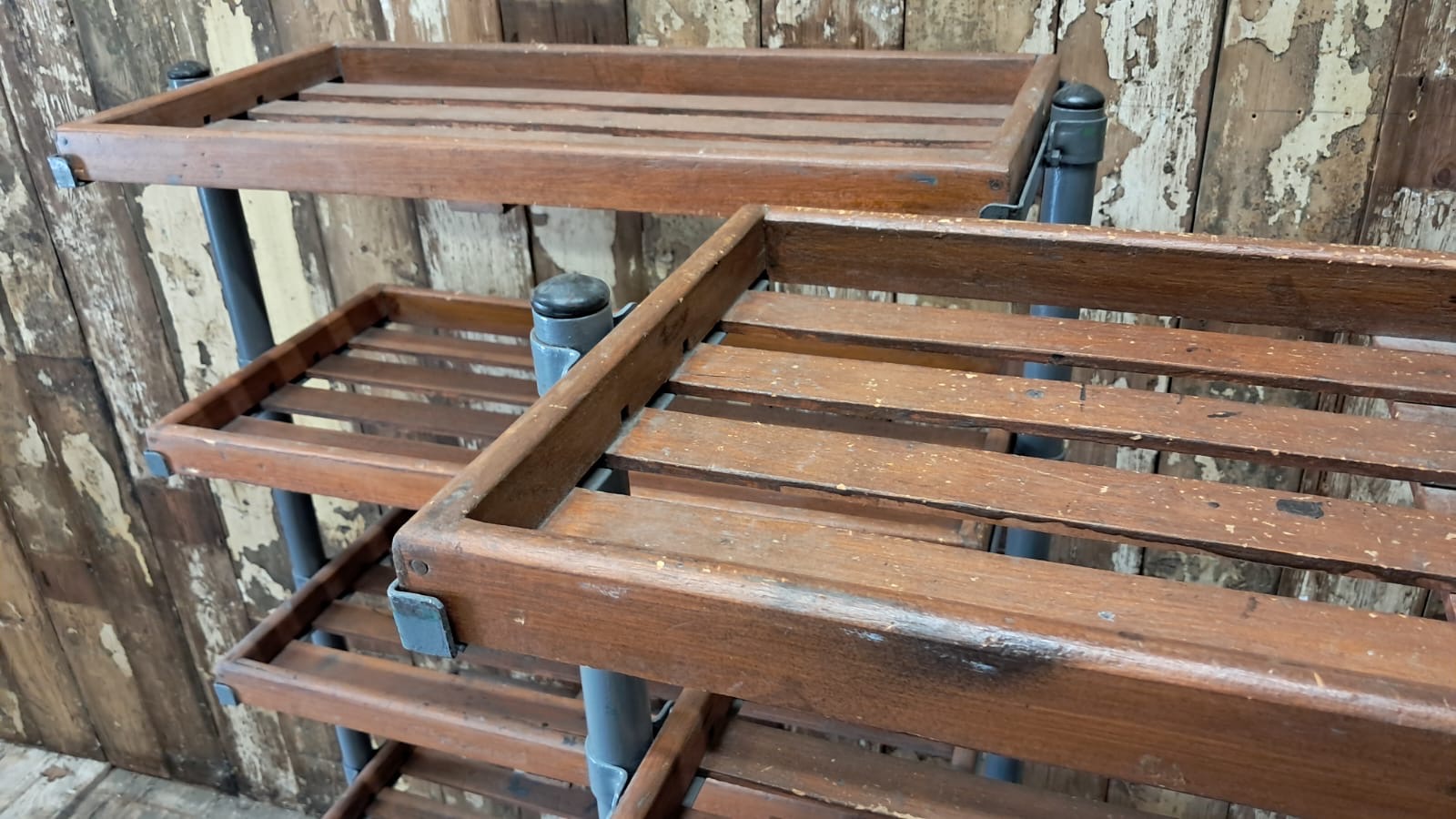 wood and metal shoemakers rack furniture storage industrial
